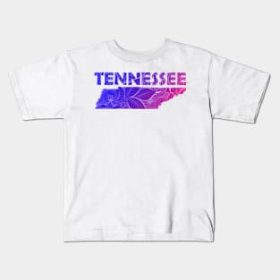 Colorful mandala art map of Tennessee with text in blue and violet Kids T-Shirt